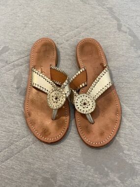 Jack Rogers Gold Leather Thong Sandals with Signature Rondelle